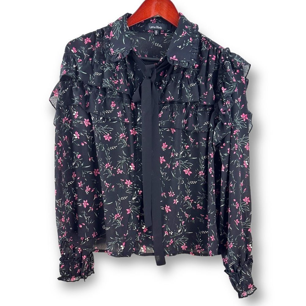 Lea & Viola black‎ with pink floral print blouse size S